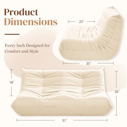 Bean Bag Chair for Adults - Suede & Microfiber Fireside Floor Chair, Comfortable Corner Lounge Sofa for Living Room, Bedroom, Office (3-Seater, Beige)