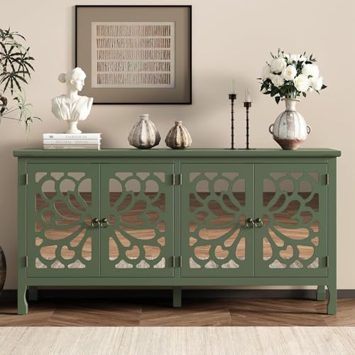 RoyalCraft Buffet Cabinet with Mirror Butterfly Carved Door, 63'' Sideboard Cabinet with Adjustable Shelves