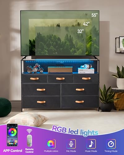 TV Stand Dresser for Bedroom with Charging Station & RGB LED Lights, 47.2" W Black Dresser with 7 Drawers for 55" TV, Chest Dresser for Bedroom
