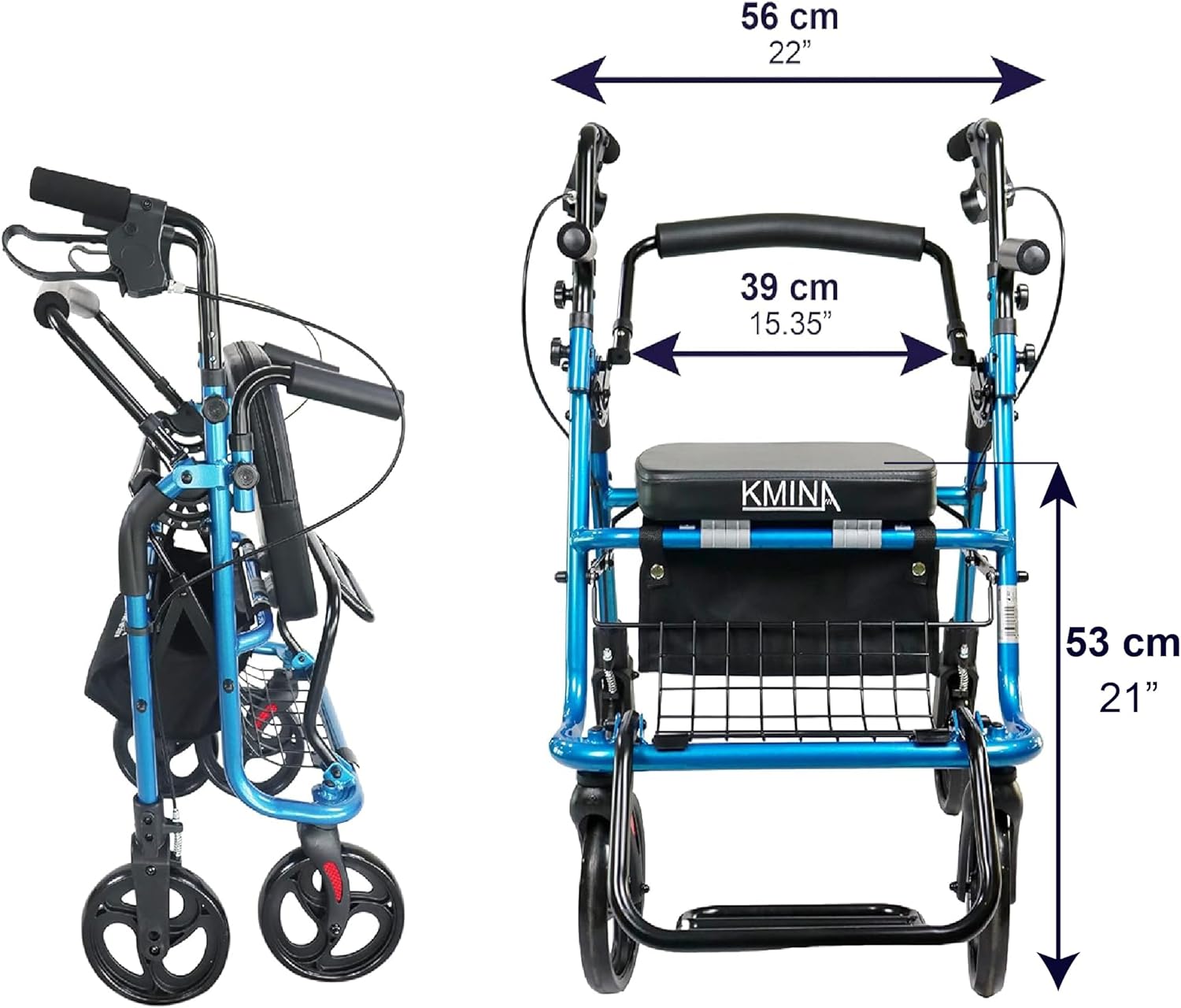 KMINA - Rollator Wheelchair Combo for Smooth Terrain, 2 in 1 Rollator Transport Chair, Narrow Rollator Walker Wheelchair