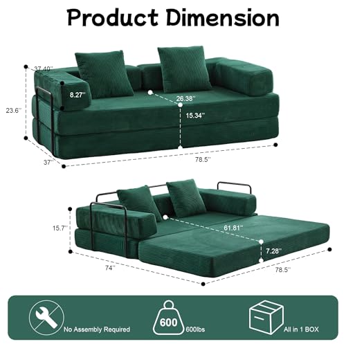 Convertible Floor Sofa Bed, Foldable Mattress Cloud Couch with Pillow Back & Armrest, Chenille Sleeper Sofa Bed with Fixed-Shape Frame