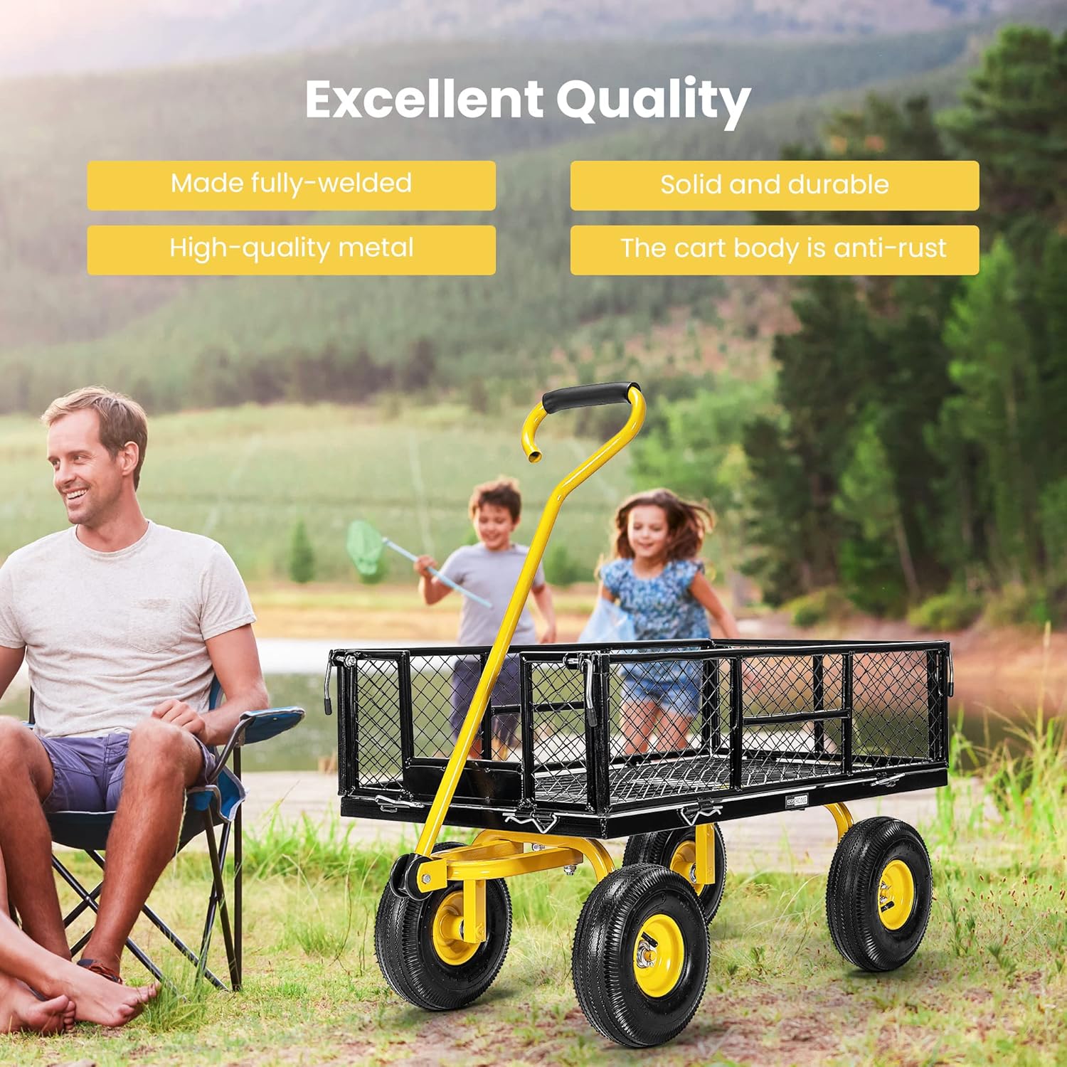 VIVOHOME Heavy Duty 880 Lbs Capacity Mesh Steel Garden Cart with Removable Sides and 4.10/3.50-4 inch Wheels (Black) and Heavy Duty 550 Lbs Capacity