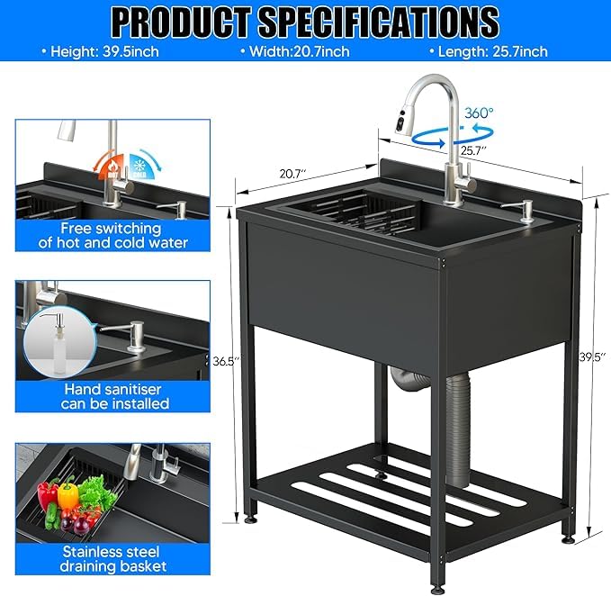 Stainless Steel Utility Sink, 36.6" × 24.2" × 36.6"Freestanding Sink with Cold and Hot Water Faucet,Hoses and Drain Kit for Kitchens, Bathrooms
