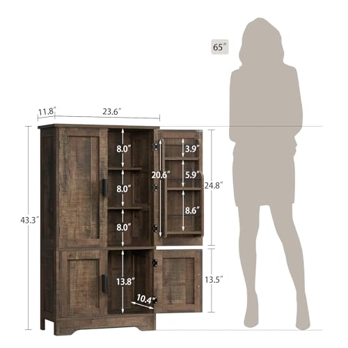 usikey Storage Cabinet with 4 Doors, 43.3" H Farmhouse Kitchen Cabinet with 6 Door Shelves, Kitchen Storage Cabinets with Adjustable Shelves