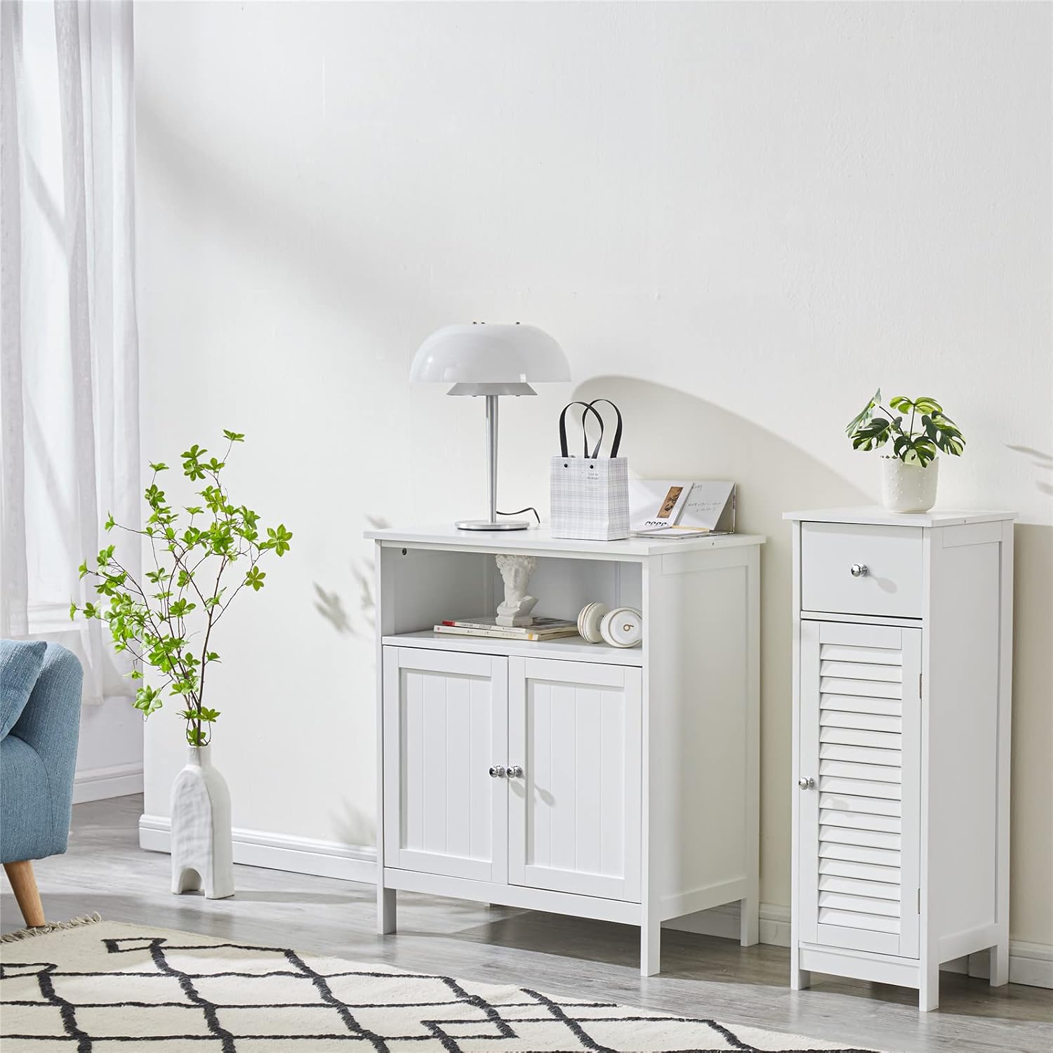 HoorLang Storage for Bathroom, Small Cabinets, Bathroom Table with Storage Cupboard Open Compartments, Easy Assembly White HLBC04W