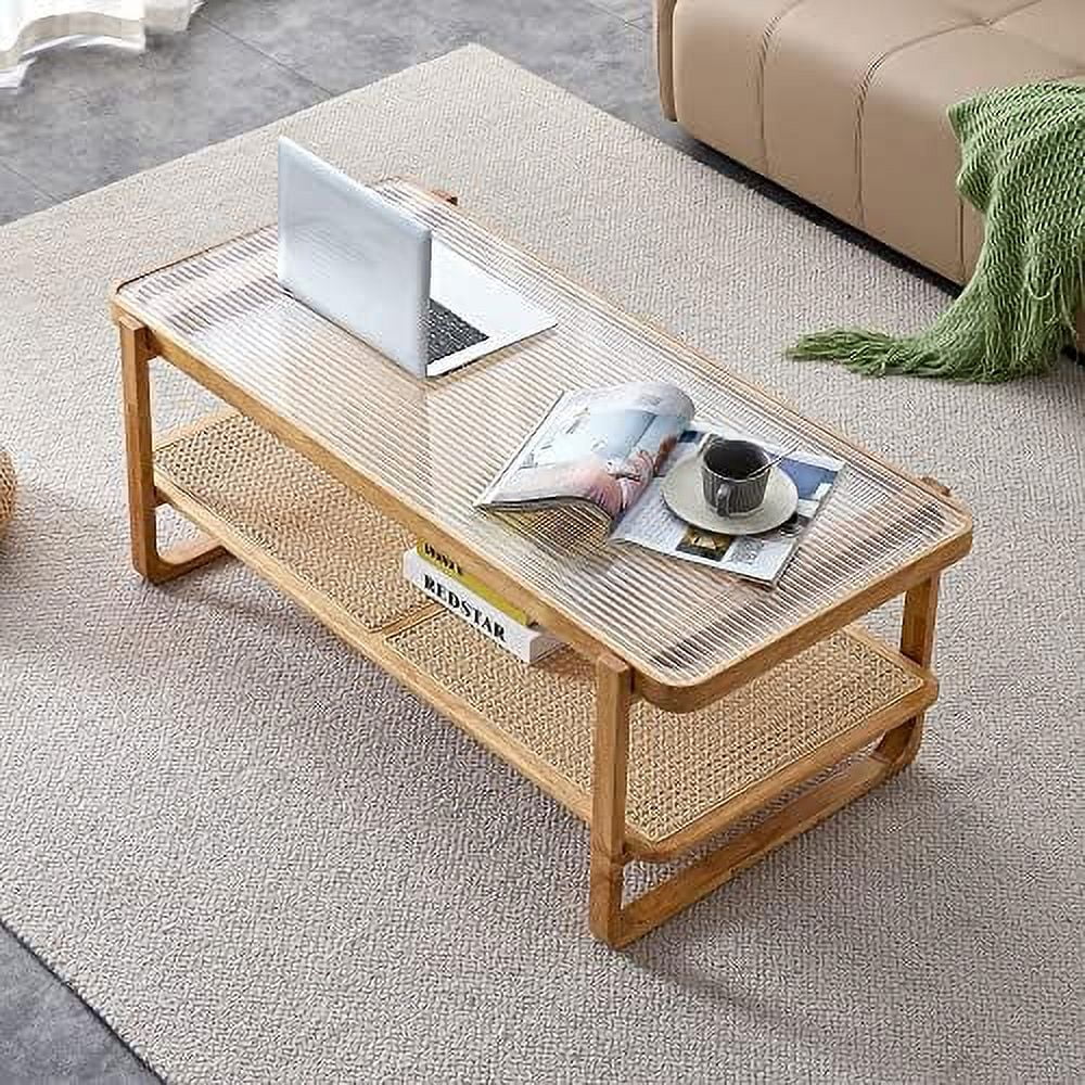 NLIBOOMLife Rattan Coffee Table Rustic Style Wooden Coffee Table Rectangular Wood Coffee Table for Living Room Glass Top Coffee Table with Imitation