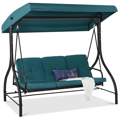 Best Choice Products 3-Seat Outdoor Large Converting Canopy Swing Glider, Patio Hammock Lounge Chair for Porch, Backyard w/Flatbed, Adjustable Shade