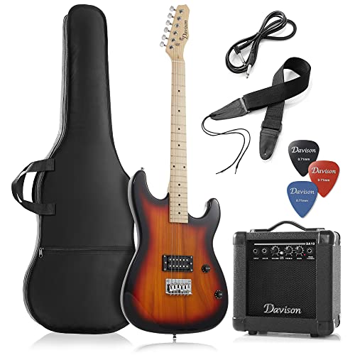 Davison Guitars Full Size Electric Guitar with 10-Watt Amp, Black - Right Handed Beginner Kit with Gig Bag and Accessories