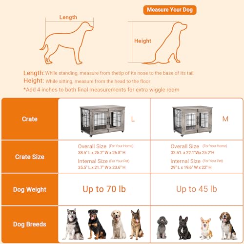 Lulive Dog Crate Furniture for Medium Dogs, 32'' Dog Kennel Indoor with Cushion & Wheels Wooden Dog Cage Double Doors Dog Crate End Table, Grey