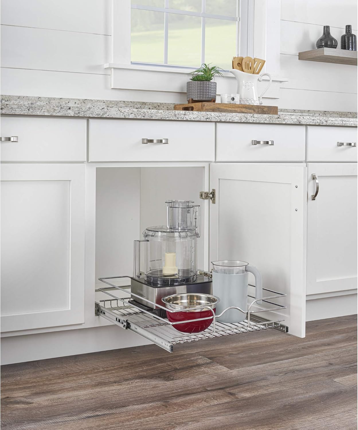Rev-A-Shelf 5WB1-2122CR-1 21 Inch x 22 Inch Single Wire Basket Pull Out Shelf Storage Organizer for Kitchen Base Cabinets, Silver