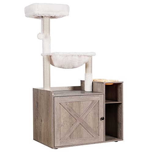 Hey-brother Cat Tree with XL Litter Box Enclosure, All-in-one Cat Tower for Indoor Cats with Large Hammock, Bed, Food Station, Scratching Posts