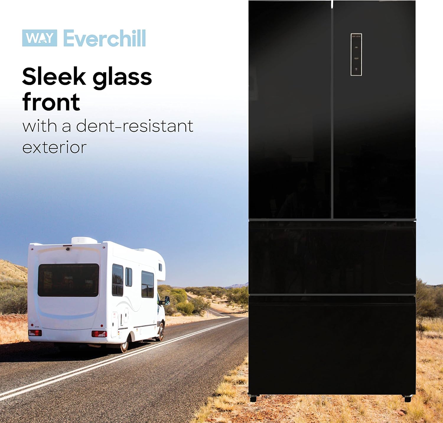 Everchill RV Refrigerator, 110V Fridge, 16.2 CU FT Capacity, 30 Inch Width, Frost Free, French Doors, Black with Glass Front