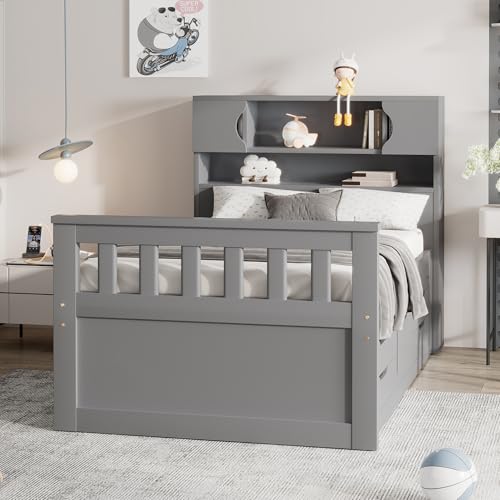 Harper & Bright Designs Twin Size Captain Platform Bed with Bookcase Headboard, Wood Twin Bed Frame with Storage Drawers and Shelves
