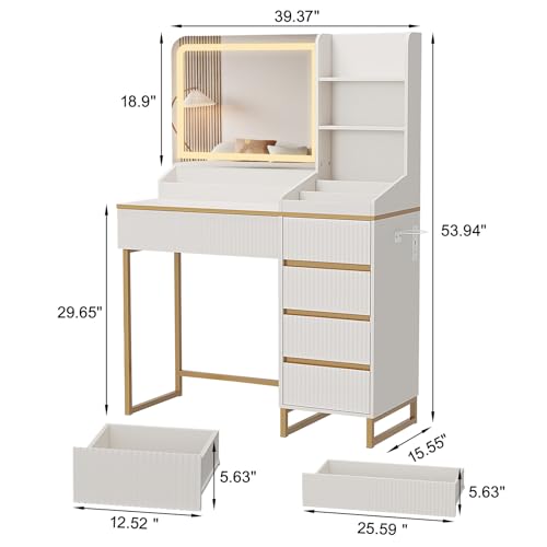 Vabches Makeup Vanity with Mirror and Lights, White and Gold Vanity Desk with 5 Drawers and Charging Station, Vanity Table for Bedroom