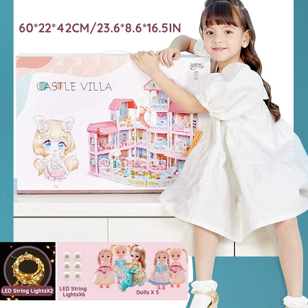 Dollhouse with Furniture Accessories 15 Rooms Pretend Play Doll House Pink Dreamhouse Movable Slides Stairs Pet & Dolls& Led Lights for Toddlers 1:12