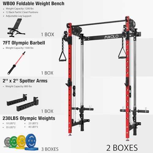 Mikolo Folding Squat Rack, Wall Mounted Power Rack with Cable Crossover Machine & LAT Pull Down, Functional Trainer with 5 Adjustable Function Modes