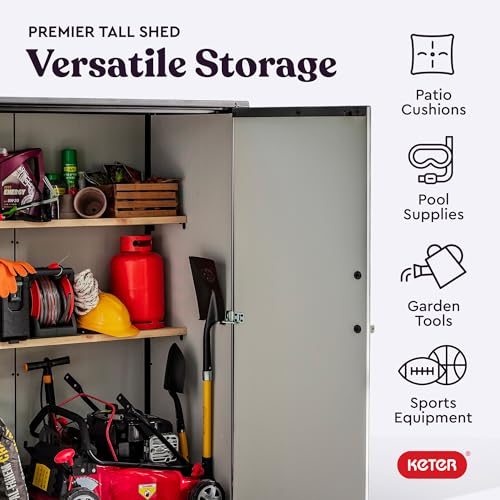 Keter Premier Tall 4.6 x 5.6 ft. Resin Outdoor Storage Shed with Shelving Brackets for Patio Furniture, Pool Accessories, and Bikes, Grey & Black