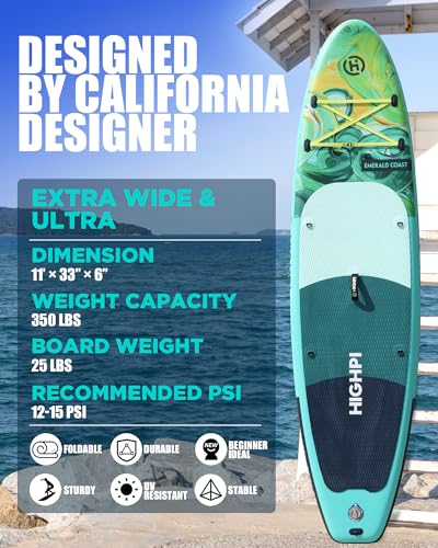 Highpi Inflatable Stand Up Paddle Board Premium SUP Accessories, Backpack, Wide Stance, Surf Control, Non-Slip Deck, Leash, Paddle and Pump