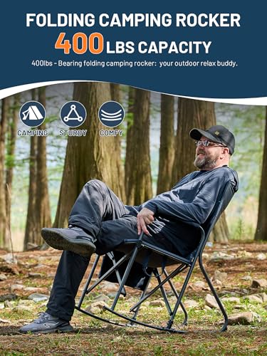TIMBER RIDGE Folding Rocking Camping Chair, 400lbs Capacity Portable Oversized Outdoor Rocker with Hard Armrests, Cup Holder & Side Pocket