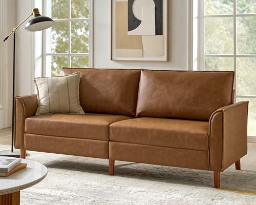 HULALA HOME 78" Faux Leather Sofa with Solid Wood Legs, Mid-Century Modern PVC Leather Couch, Comfy Upholstered 3-Seater Sofa for Living Room Bedroom