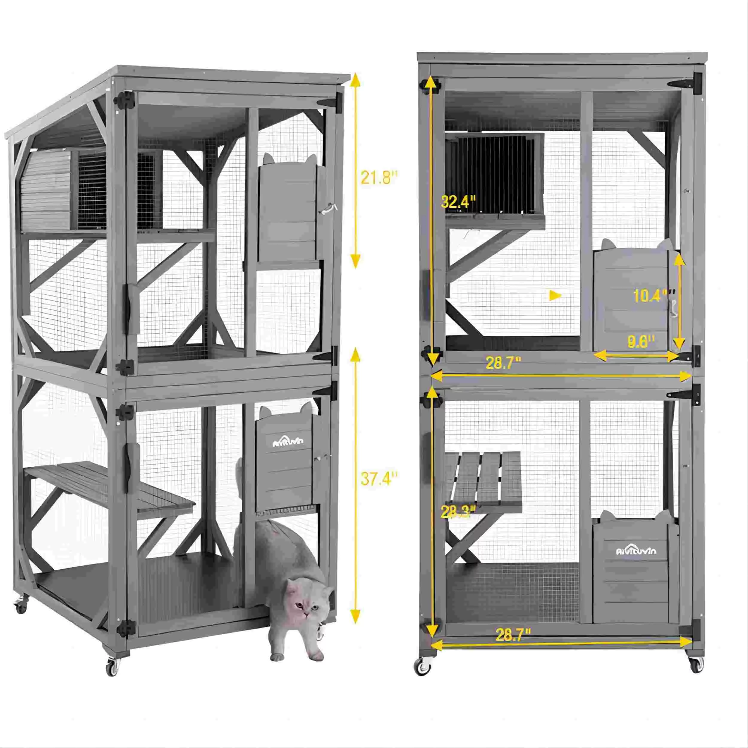 Morgete Catio Outdoor Cat House Wooden Cat Enclosure Resting Box with 3 Platforms, 71 inch Kitten Condo