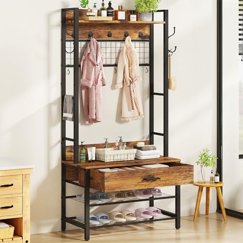 DKLGG Hall Tree with Bench and Shoe Storage for Entryway, 5-in-1 Coat Rack with Shoe Storage, Wood Look Accent Shoe and Coat Rack