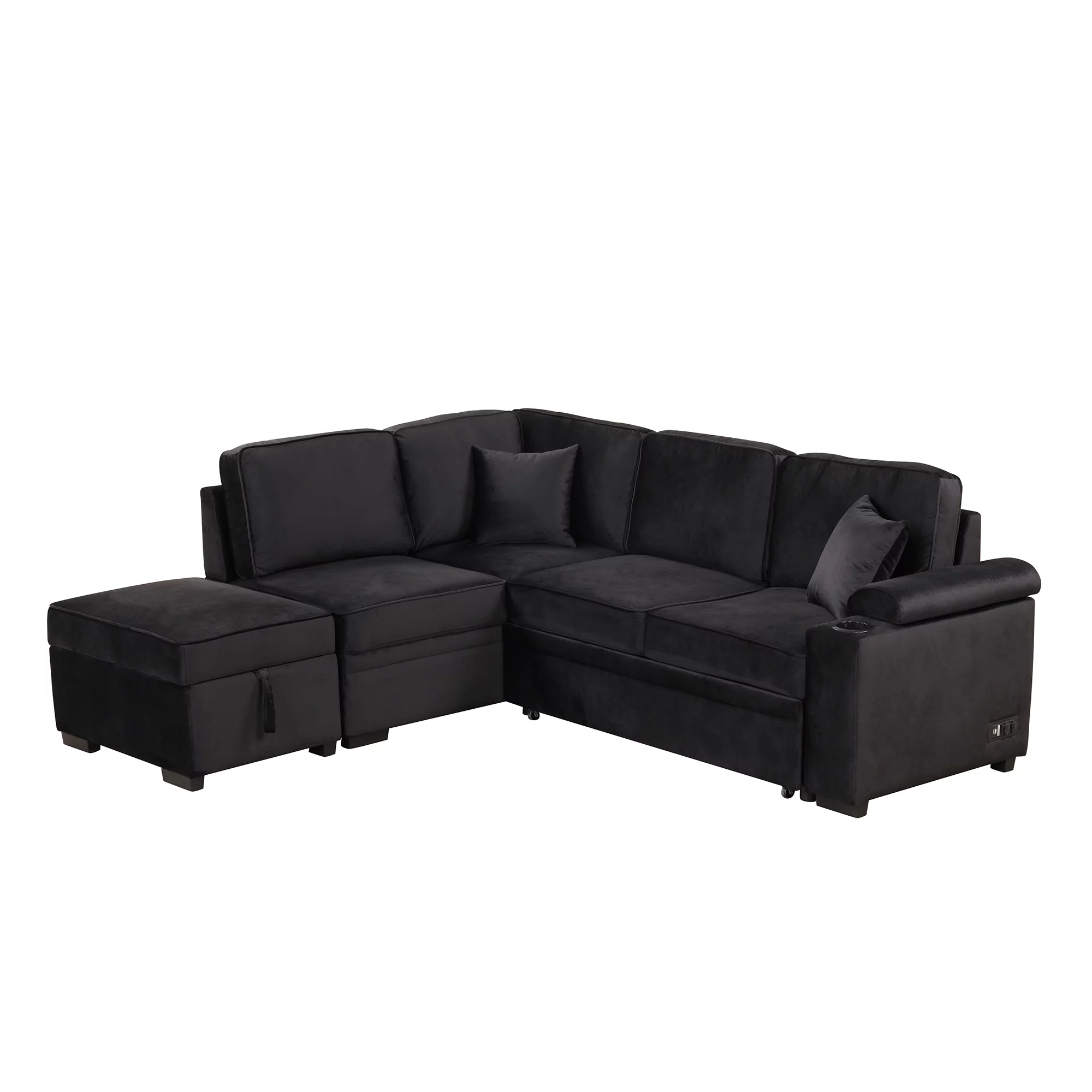 Soges Sleeper Sofa Bed 5 Seat, L Shape Sofa with Pull Out Bed Velvet Couch with USB Ports and Storage Ottoman for Living Room Bedroom, Black