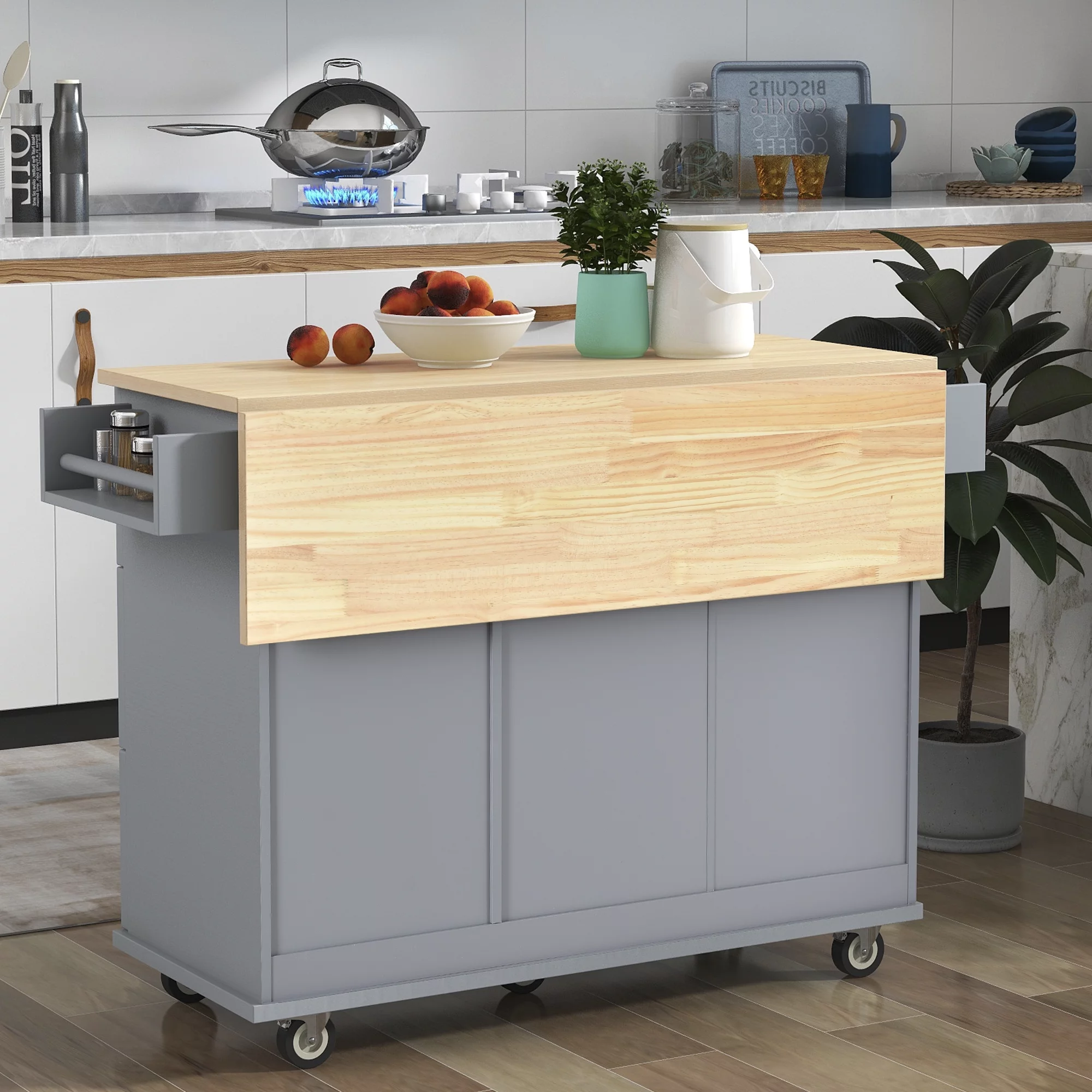 ikayaa Rolling Mobile Kitchen Island with Solid Wood and Locking Wheels，52.7 Inch Width，Storage Cabinet and Drop Breakfast Bar，Spice Rack