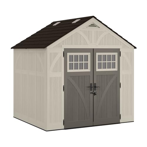 Suncast 8' x 7' Heavy-Duty Resin Tremont Storage Shed with Reinforced Floor, Skylights for Natural Light, Lockable Double Doors, Cream