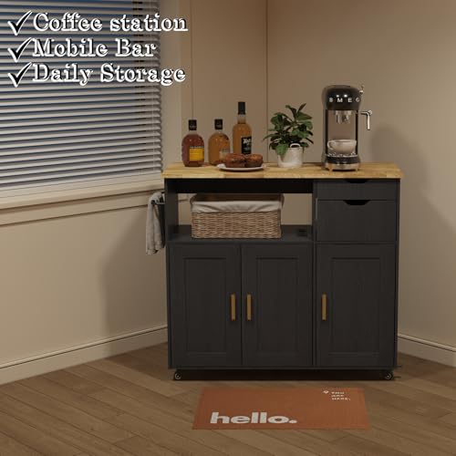 Rolling Mobile Kitchen Island Cart Bar with Drawer and Desktop Drop Leaf Countertop, Island Table Storage with 5 Wheels