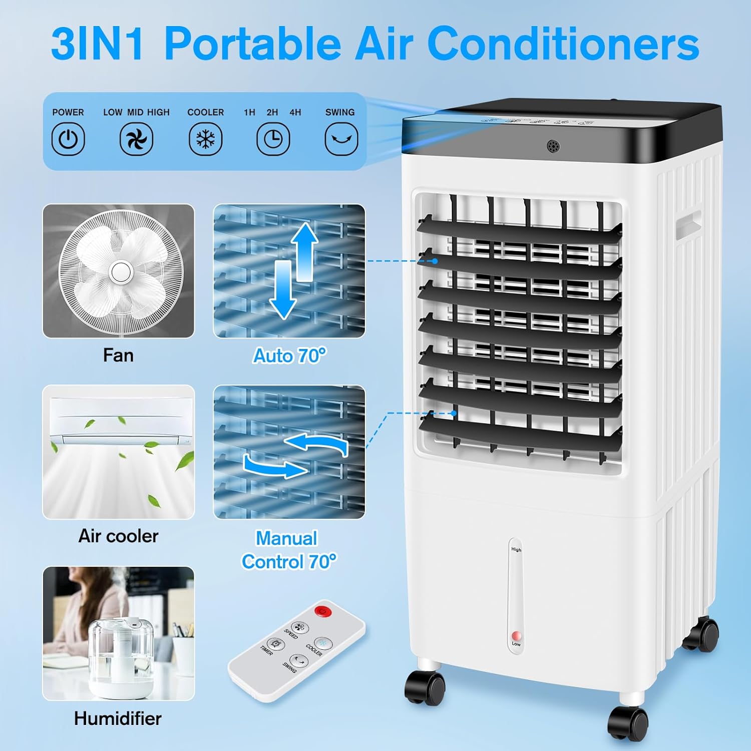 Portable Air Conditioners Windowless,2024 Upgraded Room Air Conditioners,3 IN 1 Swamp Cooler,Ac Unit with 3 Gal Water Tank,Timer,3 Speeds
