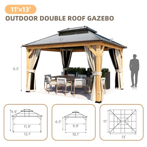 YOLENY 10'x13' Hardtop Gazebo, Outdoor Polycarbonate Double Roof Canopy, Aluminum Frame Permanent Pavilion with Curtains and Netting