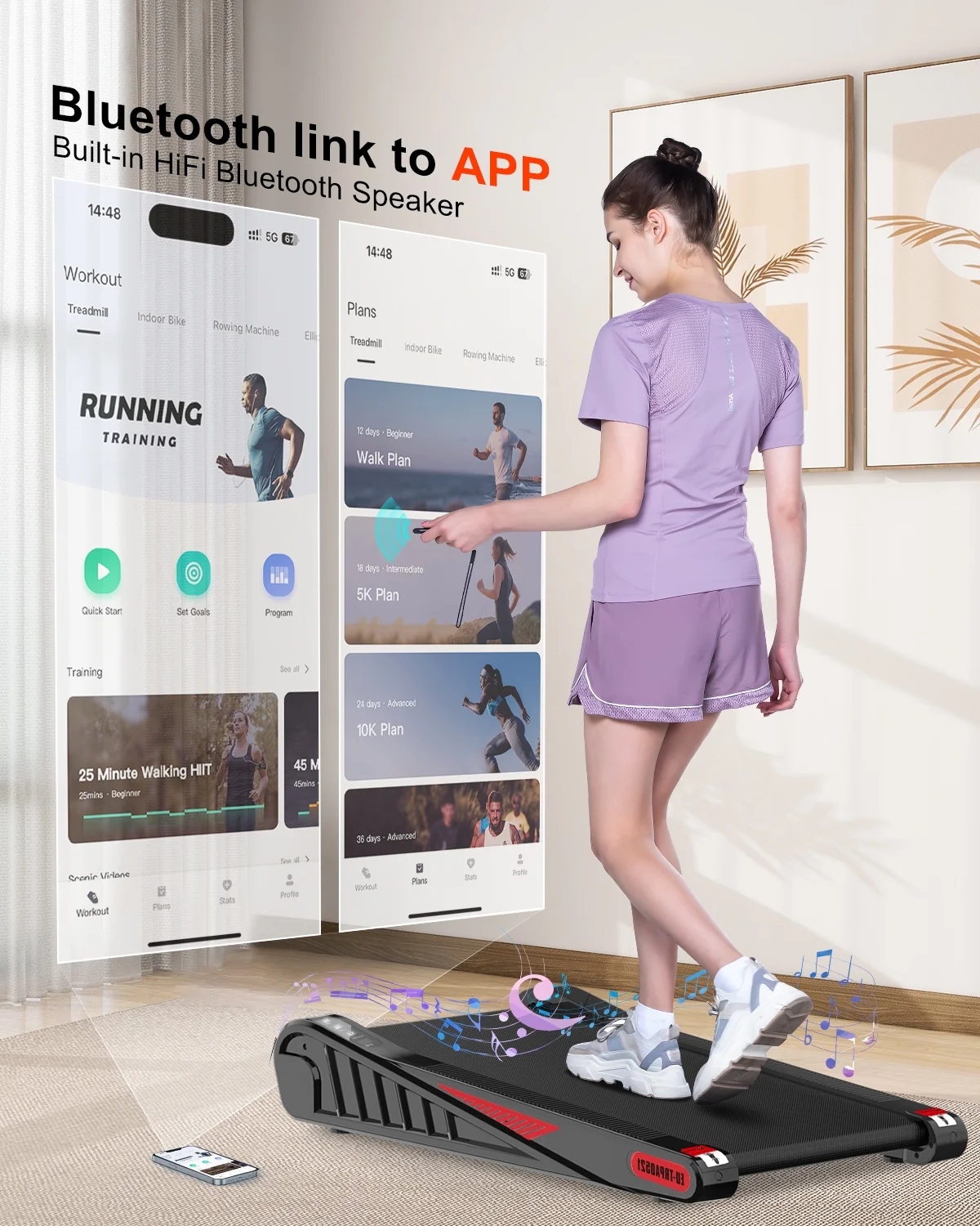 HomeFitnessCode Incline Walking Pad, Small Under Desk Treadmill with APP & Remote Control, Bluetooth Speaker, Small Treadmill for Home & Office