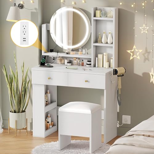 DWVO Vanity Desk with Mirror and Lights, Makeup Vanity Table Set with Power Outlets and Chair, 3 Lighting Colors