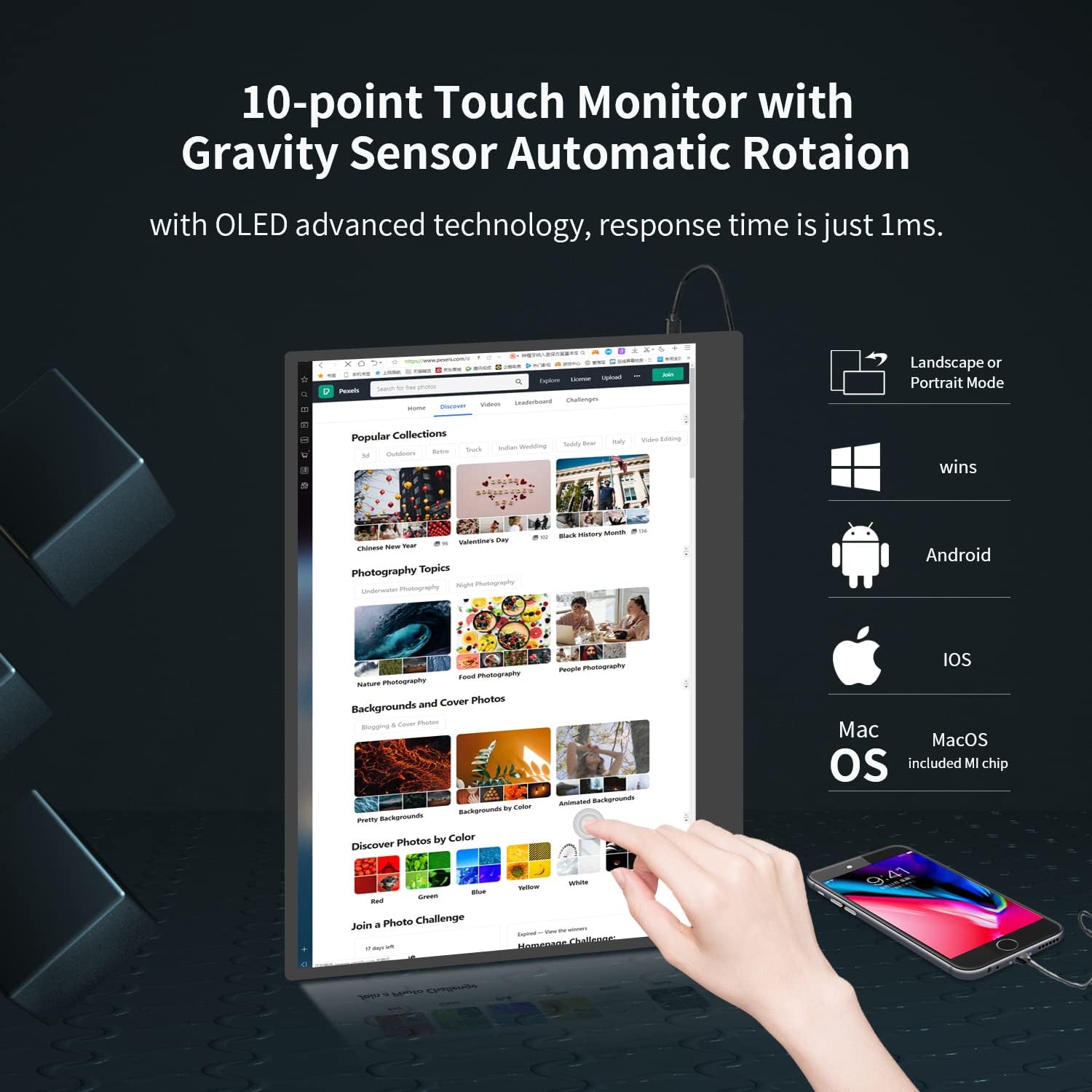 OLED Portable Monitor Touchscreen 4K Touchscreen Display with 10000mah Battery 15.6” UHD 10bit 100% DCI-P3 100000:1 Color Virzen External Second