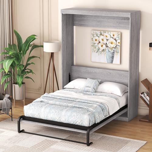 Full Size Murphy Bed with 2 Convertible Side Cabinet Storage Shelf, Foldable Wallbed Bedframe