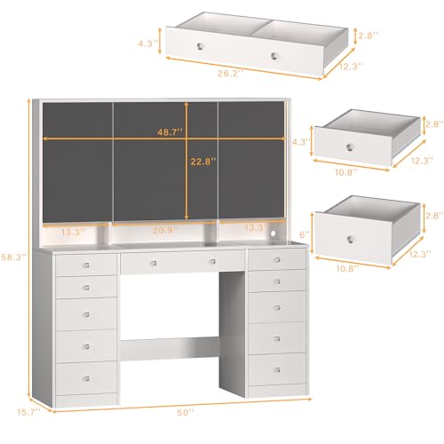 Vanity Desk with Mirror and Lights, 50" Makeup Vanity with Glass Top & Power Outlet, White Vanity with 11 Drawers & 8 Hidden Storage Shelves
