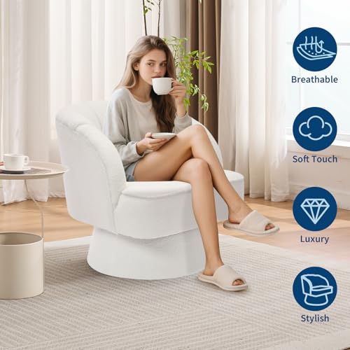 GarveeHome Modern Swivel Barrel Accent Chair, 360° Teddy Fabric Upholstered Armchair with Striped Backrest & Plush Padding