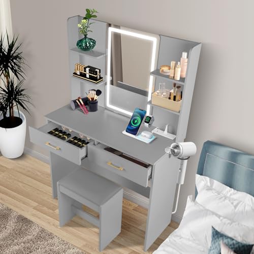 Vanity Set with Lights and Stool, Vanity Desk with Mirror and Lights，Vanity Power Outlet,Vanity Desk with Drawers