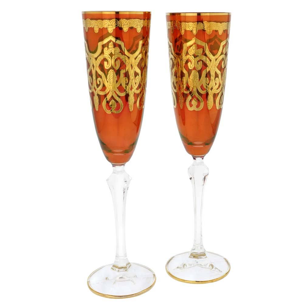 Set of Two Murano Glass Champagne Flutes 24K Gold Leaf - Red
