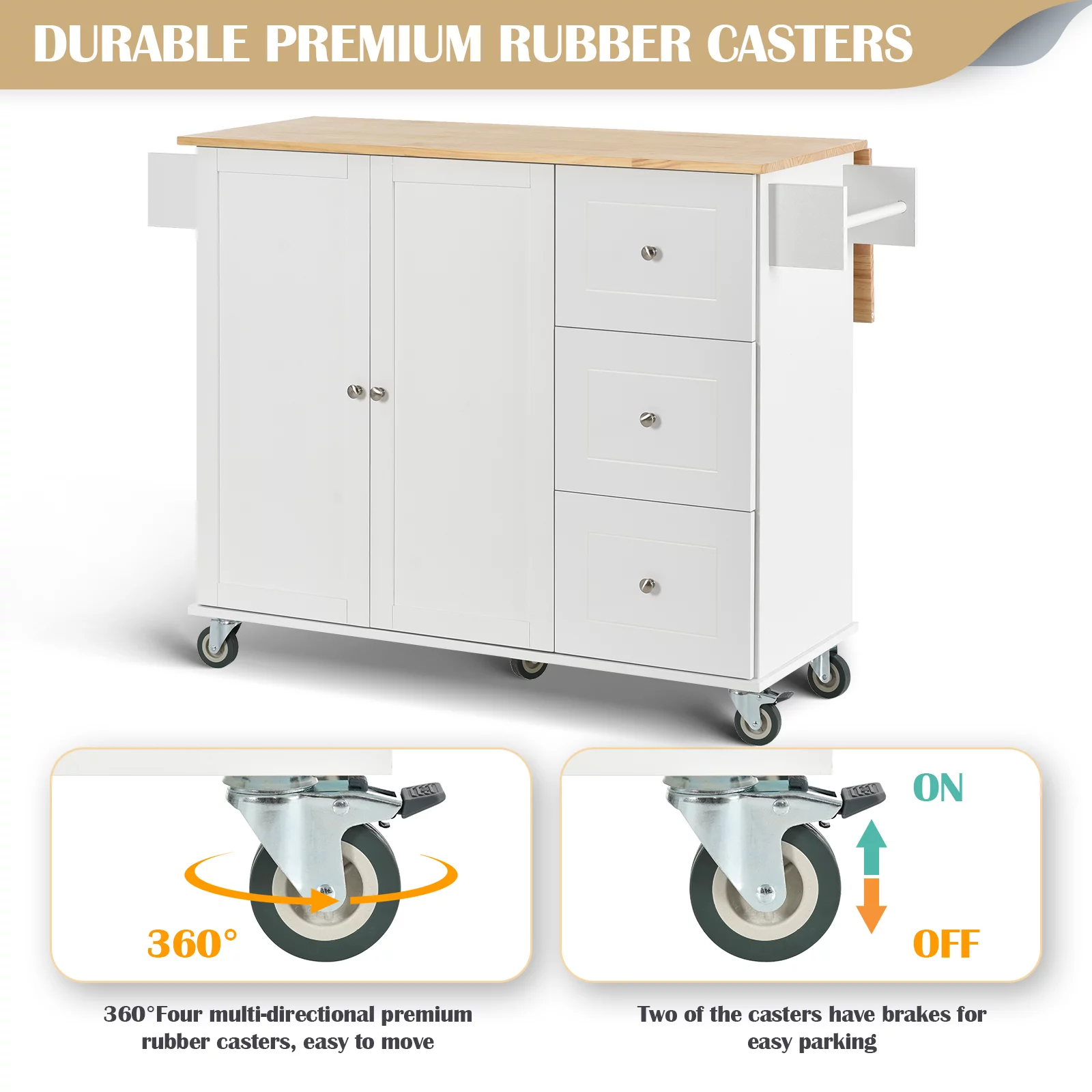 53 inch Portable Kitchen Island with Drop Leaf, Rolling Kitchen Island with Storage,White