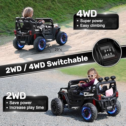ANPABO 24V 4X4 Ride on Car Truck w/Remote Control, 4WD/2WD Switchable Kids UTV, 19" Spacious Seat, 4 Shock Absorbers, Soft Start, Music Player