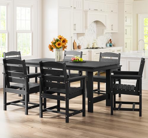 SERWALL Outdoor HDPE Dining Table Set, 7-Piece Outdoor Dining Table Sets with Umbrella Hole Cut-Out Table and 6 Chairs, Gray