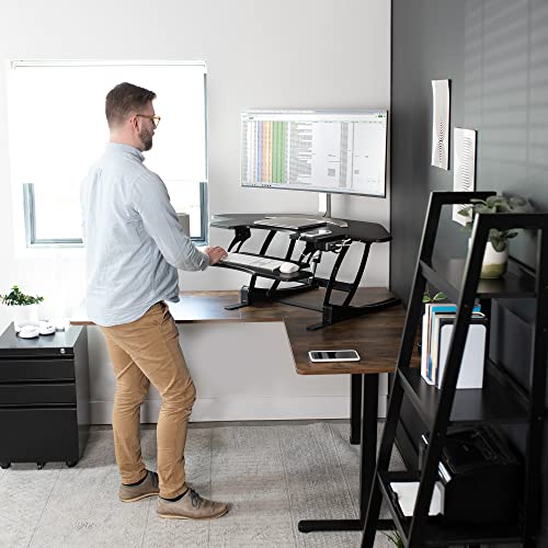 VIVO 43 inch Corner Electric Height Adjustable Cubicle Stand Up Desk Converter, VE Series, Sit to Stand Tabletop Dual Monitor Riser with USB Port