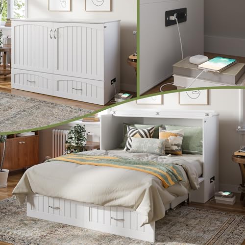 AFI Southampton Queen Murphy Bed Chest with Mattress, Storage, and Built-in Charger in Grey