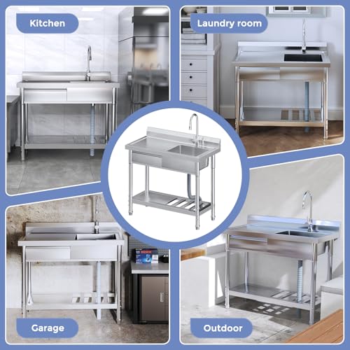 Utility Freestanding Kitchen Sink with Hot and Cold Water Pipe,Drawer, Stainless Steel Sink for Laundry Room Bathroom Farmhouse,39inch
