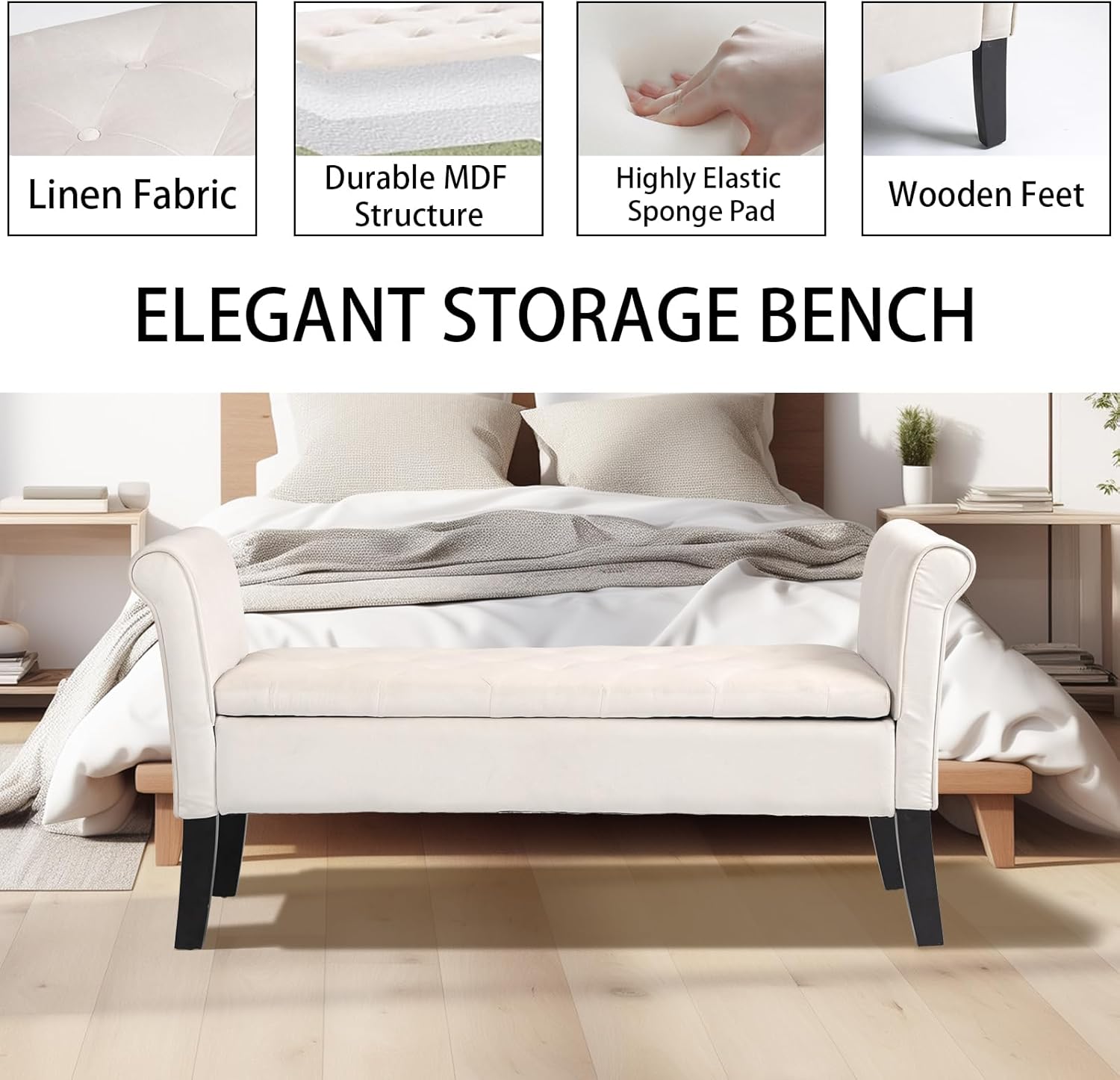 Storage Bench for Bedroom, 51" Tufted Large Upholstered Storage Ottoman End of Bed Bench, Rolled Arm Entryway Bench (Beige)
