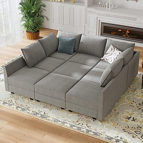 HONBAY Modular Sofa Sectional Sleeper Couch with Ottomans Reversible Sleeper Sectional Sofa Modular Couch with Storage, Aqua Blue