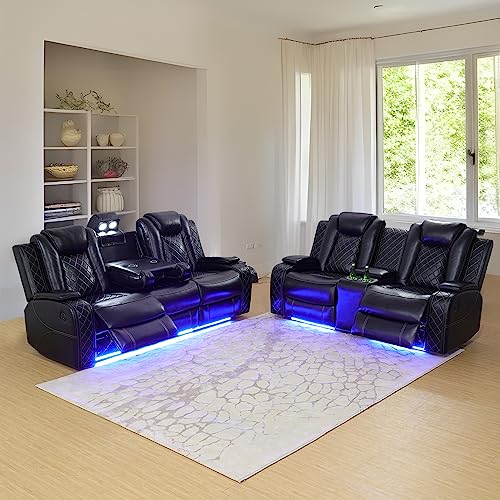 Power Leather Recliner Sofa Set with LED Lights,Living Room Furniture Set