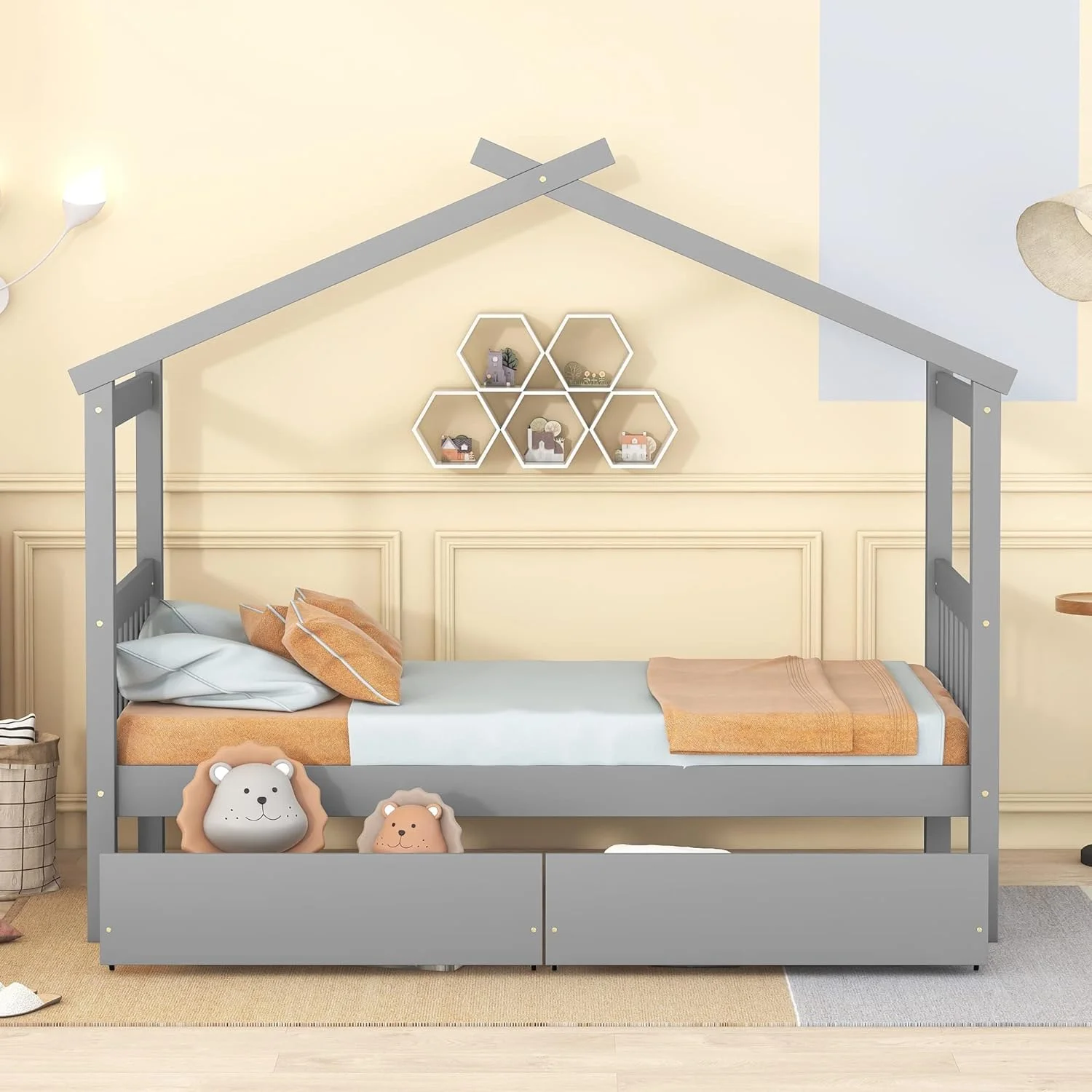 Size House Bed With Drawers, Wooden Platform Bed Frame With Headboard And Footboard, Roof Design, For Guest Room/Living Room, Gray